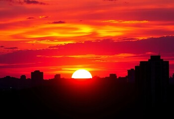 Fototapeta premium Blazing orange and purple sunset paints cityscape silhouettes, downtown, buildings