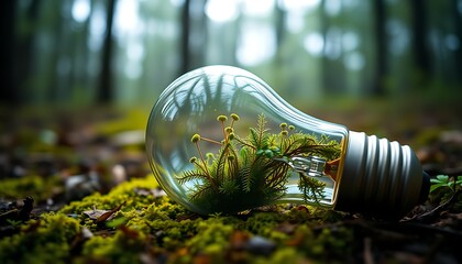 The bright green energy-saving lightbulb reflects light on the forest grass, symbolizing a sustainable idea