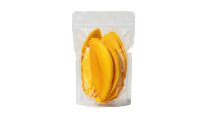 Dried mango slices in clear plastic bag isolated PNG, healthy snack on transparent background,...