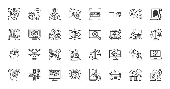 Artificial intelligence line icon set. Vector pictograms of face recognition, autonomous driving, legal regulations, and security systems, thin outline illustration.
