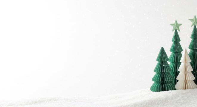 Festive Forest: A whimsical display of miniature paper trees on a snowy terrain, complete with star toppers, embodies the holiday spirit.  - Powered by Adobe