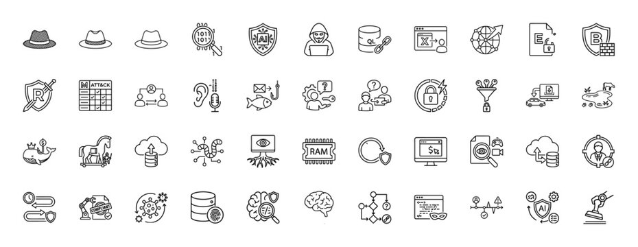 Cybersecurity and artificial intelligence line icon set. Vector pictograms of hacker, firewall, phishing, data, and security, thin outline illustration.