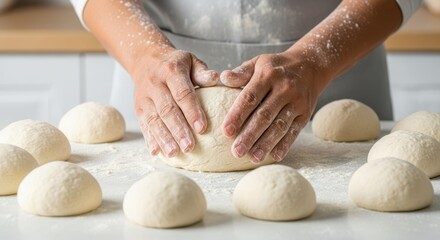 Crafting Bread: A culinary artisan meticulously molds and prepares dough for fresh bread rolls in a well-lit kitchen, embodying the art of baking with skilled hands.