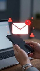 Smartphone with glowing email notification warning triangles phishing spam alert dangerous message cybersecurity threat mobile device security risk scam fraud attack digital danger communication