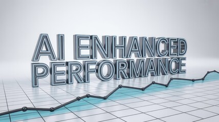 A striking 3D render of 'AI ENHANCED PERFORMANCE' atop an upward-trending line graph, signifying growth and improvement powered by artificial intelligence.
