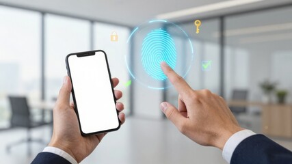 Businessman touching holographic fingerprint scanner biometric authentication smartphone security mobile access control digital identity verification cybersecurity technology privacy protection system