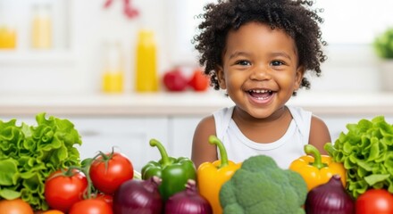 Cheerful Child and Vegetables: A young child radiates joy as they stand amidst a vibrant array of fresh vegetables, a heartwarming scene that celebrates health and wholesome eating.