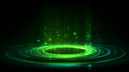 Glowing green swirling circle. shining spiral light effect, futuristic colorful pedestal, shiny vector file, special glow effect for game ui, apps or web design Stock Illustration 