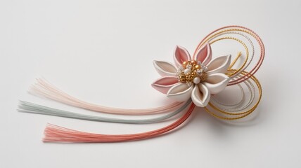Exquisite Japanese Kanzashi-style hair ornament featuring delicate fabric petals, intricate beaded center, and elegant coiled mizuhiki cords on a white background.