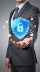 Businessman holding glowing blue shield with padlock icon cybersecurity protection concept digital security network defense data privacy encryption technology business professional safety lock system