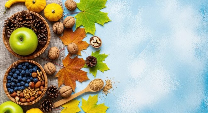 Autumn Harvest: A colorful array of seasonal delights, including vibrant green apples, crisp autumn leaves, and crunchy walnuts, create a visually appealing arrangement.