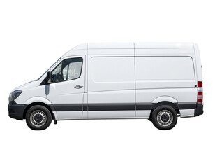 White cargo delivery van side view, isolated for commercial use isolated on transparent background