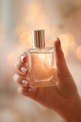 Close-up of a female hand with a manicure holding a square perfume bottle with a soft bokeh background