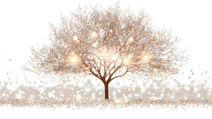 Fototapeta premium Glowing tree illustration with sparkling light effects and bokeh on white background. Perfect for Christmas, winter holiday designs, festive decorations, greeting cards. 