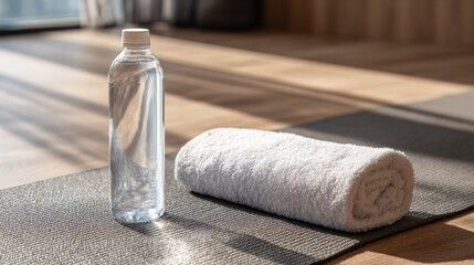 Clear plastic water bottle and rolled white towel on a yoga mat in a sunlit fitness studio