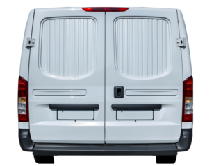 White commercial cargo delivery van rear view, clean and isolated isolated on transparent background