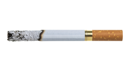 Burning cigarette with ash and filter, representing health risks. isolated on transparent background