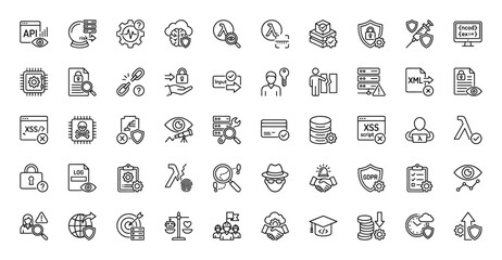 Fototapeta premium Cyber security and data protection line icon set. Vector pictograms of risk, defense, privacy, and hacking, thin outline illustration.