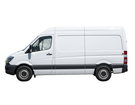White cargo delivery van side view, isolated for commercial use isolated on transparent background