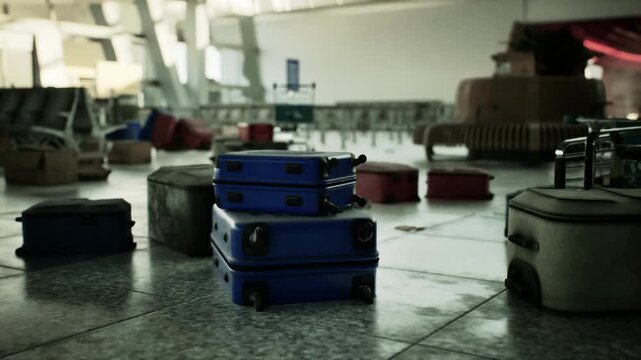 An abandoned airport terminal reveals a haunting scene of neglected luggage and deteriorating structures, suggesting a once busy hub now forgotten and desolate.
