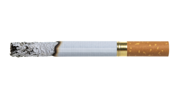 Burning cigarette with ash and filter, representing health risks. isolated on transparent background