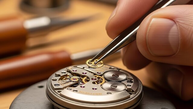 Expert Watchmaker's Hand Precisely Placing Tiny Gear into Mechanical Watch Movement, Showcasing Precision Craftsmanship and Horology