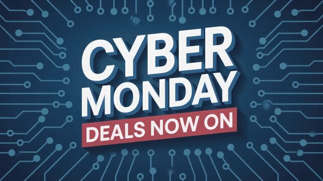 A striking Cyber Monday deals promotion with 3D text "CYBER MONDAY DEALS NOW ON" over a digital circuit board background.