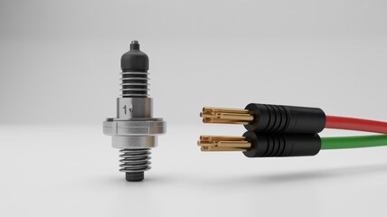A 3D rendering of a spark plug positioned next to two audio cables with shiny gold-plated connectors, on a clean white background.