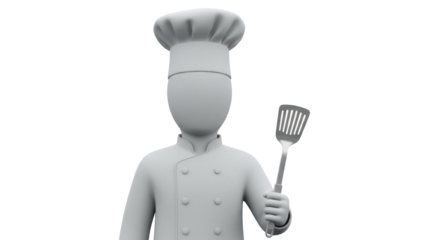 Chef character holding spatula isolated PNG on transparent background, 3D rendering of a cook with uniform and hat for culinary concepts