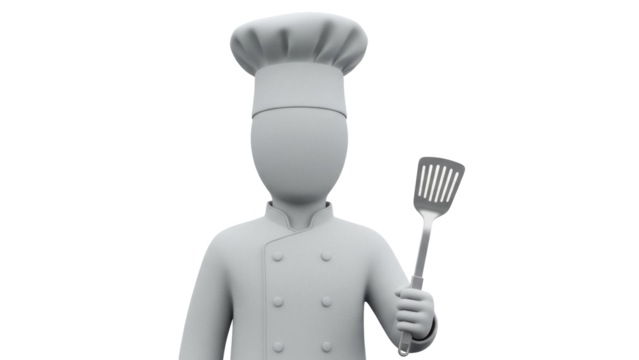 Chef character holding spatula isolated PNG on transparent background, 3D rendering of a cook with uniform and hat for culinary concepts