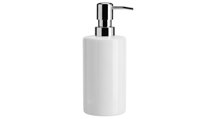 Elegant white ceramic soap dispenser isolated PNG, modern bathroom accessory on transparent background for hygiene and home decor