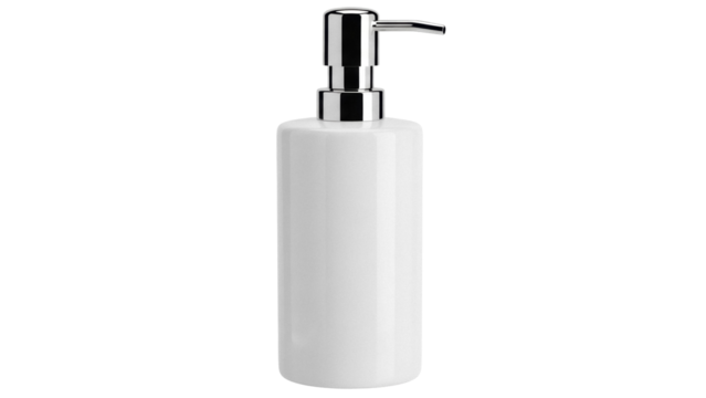 Elegant white ceramic soap dispenser isolated PNG, modern bathroom accessory on transparent background for hygiene and home decor
