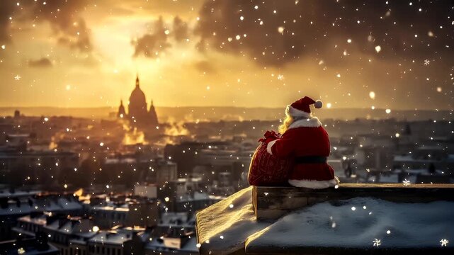 Winter holiday celebration concept. Christmas New Year. Santa Claus on a snowy rooftop overlooking a cityscape during sunset or sunrise. The scene is bathed in a warm, golden hue.