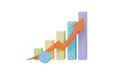 Growing bar graph with orange arrow isolated PNG, financial growth chart on transparent background, business success and investment concept