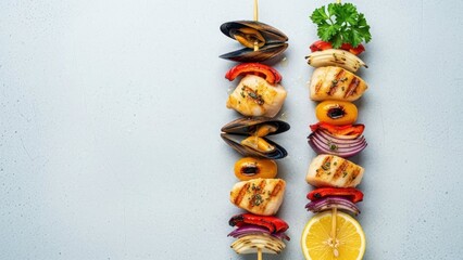 Seafood Skewers on Display: Culinary presentation of grilled seafood and vibrant vegetables on skewers, offering a tantalizing visual feast.