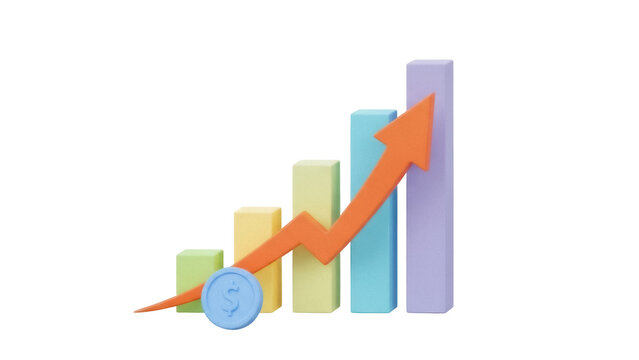Growing bar graph with orange arrow isolated PNG, financial growth chart on transparent background, business success and investment concept