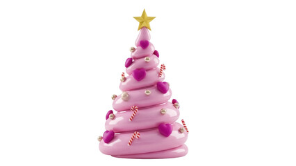 Pink Christmas tree with hearts and candy canes isolated PNG, festive holiday decoration for seasonal design and greeting cards