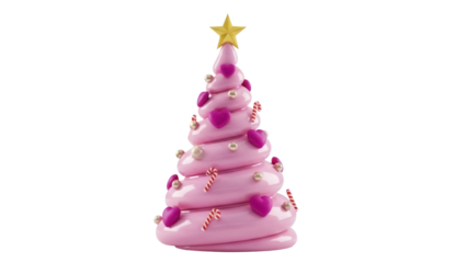 Pink Christmas tree with hearts and candy canes isolated PNG, festive holiday decoration for seasonal design and greeting cards