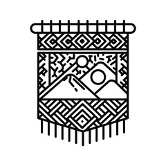 Boho Wall Hanging with Mountain Landscape and Geometric Patterns Line Art
