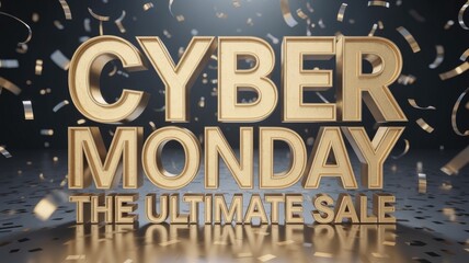 Golden 'Cyber Monday: The Ultimate Sale' text stands prominently amidst a shower of festive gold and silver confetti, signaling massive discounts.