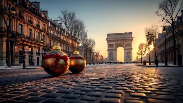 Winter holiday celebration concept. Christmas New Year. Paris street during sunset with Christmas ornaments and Arc de Triomphe in the backgroundParis street scene during sunset.