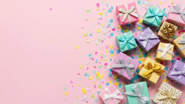 Gifts and confetti: A vibrant collection of colorful gift boxes, adorned with elegant bows, scattered with festive confetti on a pastel pink canvas, evokes joy and celebration. - Powered by Adobe