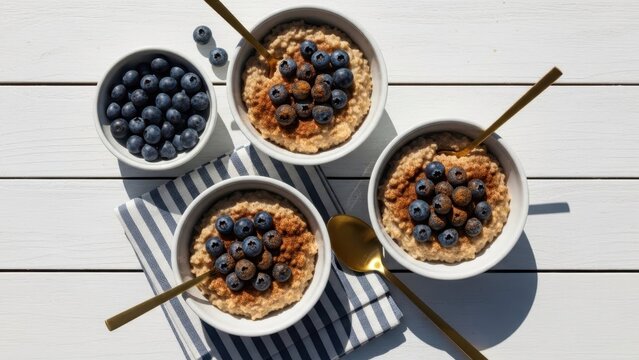 Breakfast Delight: Oatmeal bowls adorned with juicy blueberries and a sprinkle of cinnamon, creating a colorful and delicious start to the day. 