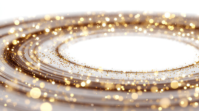 Golden light spiral with space aura and glowing sparkles, shiny round frame with glitter and bokeh effect. Isolated for overlay and decoration on white background. 