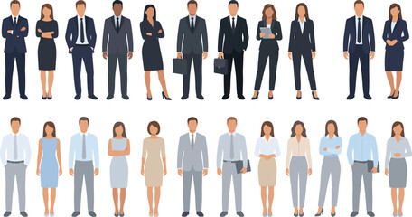 Large collection of diverse professional business people, male and female figures in formal and smart casual corporate attire, various standing poses, detailed vector illustration set for commercial 