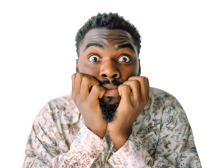 Ultra-realistic anxious man with fearful expression standing on transparent background, wide eyes and tense posture in soft studio portrait lighting