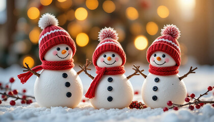 Obraz premium Three Cheerful Snowmen With Red Hats And Scarves In Winter Scene