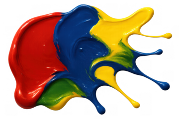 Primary colors red, blue, and yellow liquid paint mixing and splashing, creating new hues, transparent background