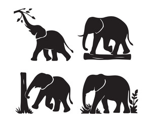elephant raised trunk, elephant with large ears, elephant walking among trees vector silhouette illustration design set collection,  safari animal design, forest elephant scene, nature vector art, 