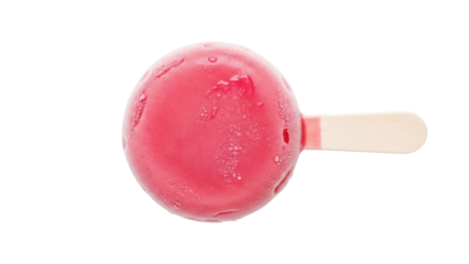 Round pink popsicle isolated PNG on transparent background, frozen fruit dessert with wooden stick for summer treat and refreshment